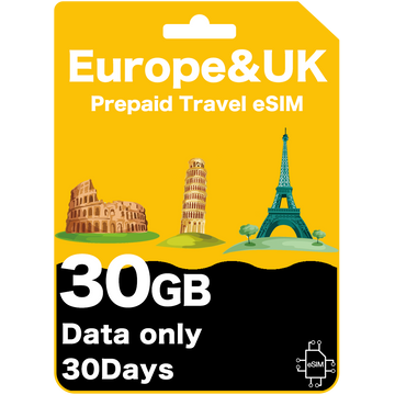 Europe & UK Prepaid Travel eSIM Card